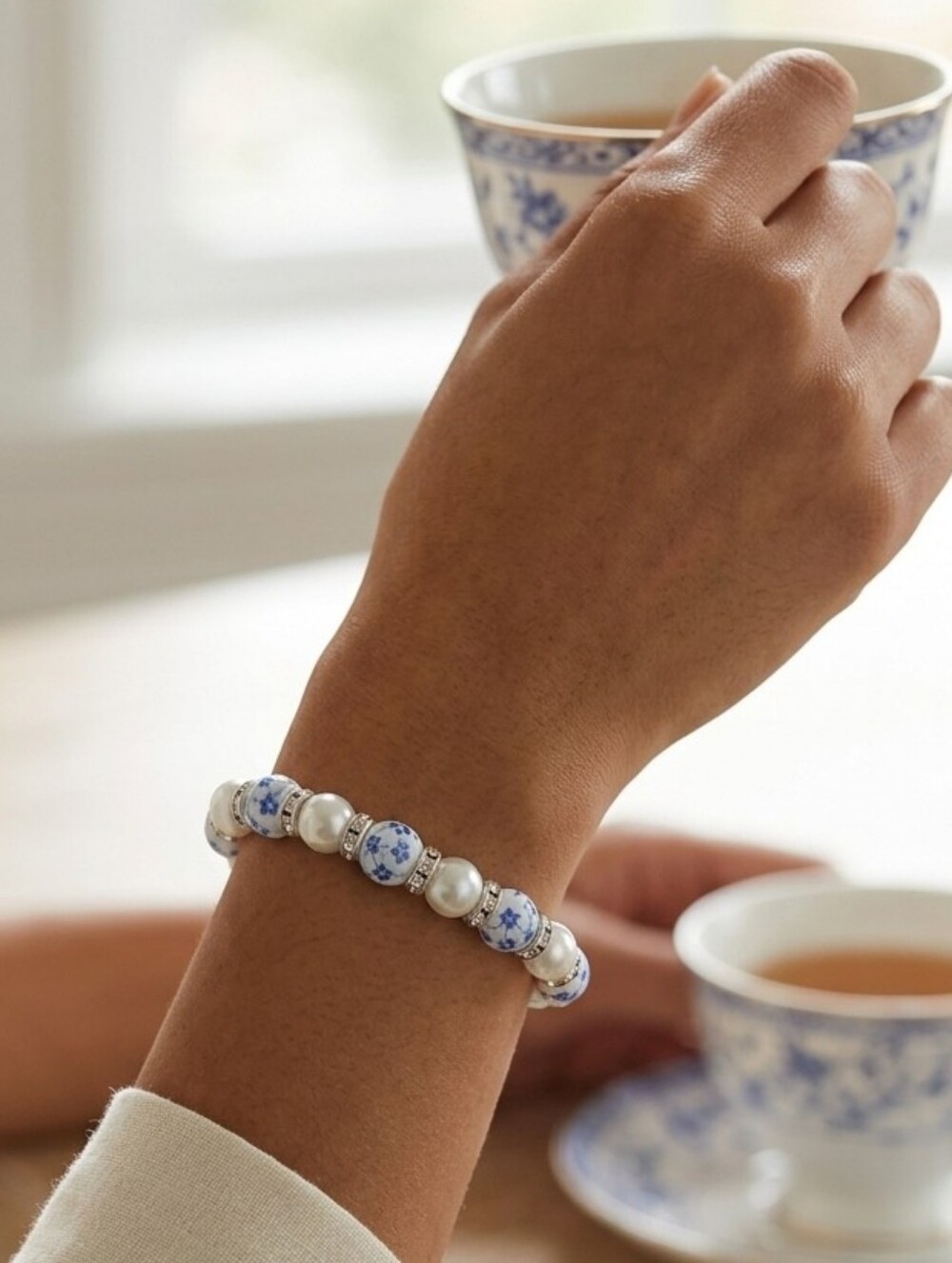 Handcrafted Acrylic Blue Floral Bead Bracelet With Faux Pearls
